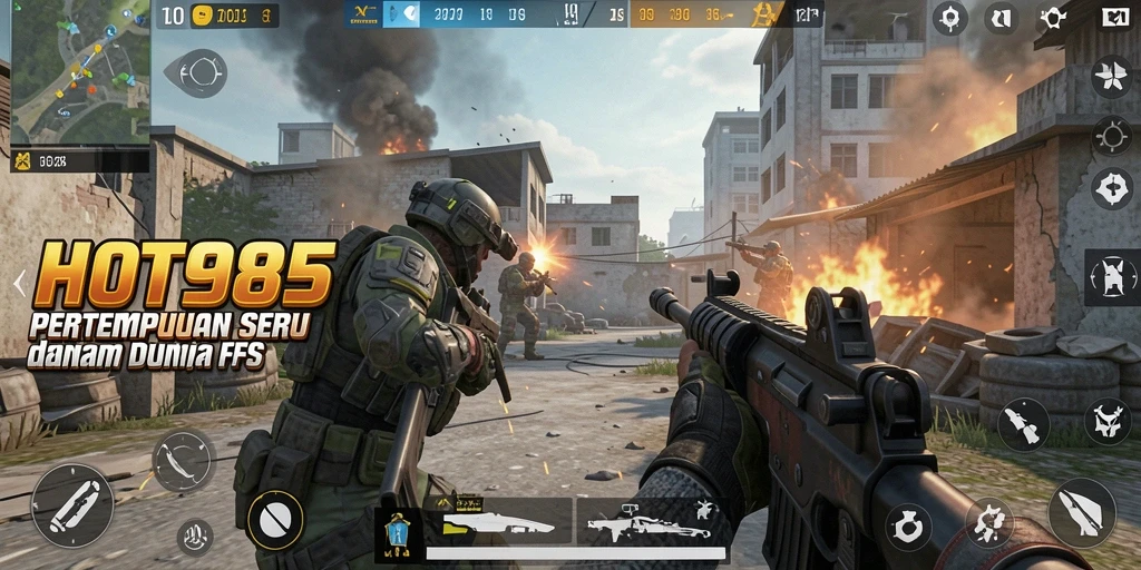 Tampilan gameplay HOT985 dengan intensitas pertempuran FPS yang tinggi.