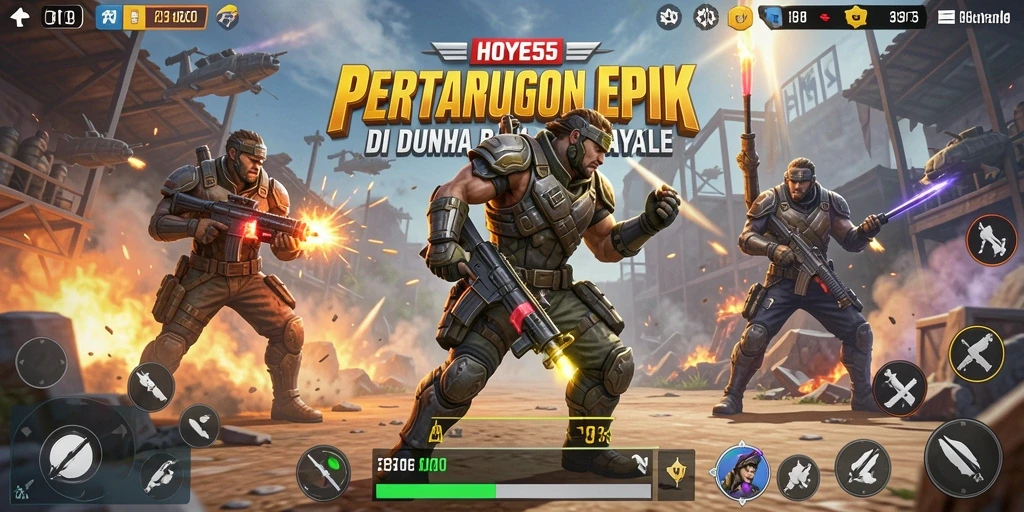 Menampilkan aksi seru di medan perang Battle Royale.