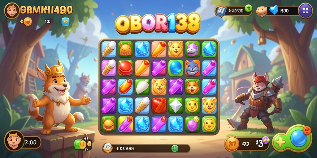 Screenshot OBOR138 menampilkan gameplay yang seru dan penuh warna dari permainan Match-3.