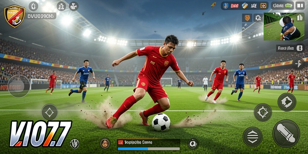 Tampilan gameplay seru dalam VIO77 yang menampilkan aksi sepak bola.